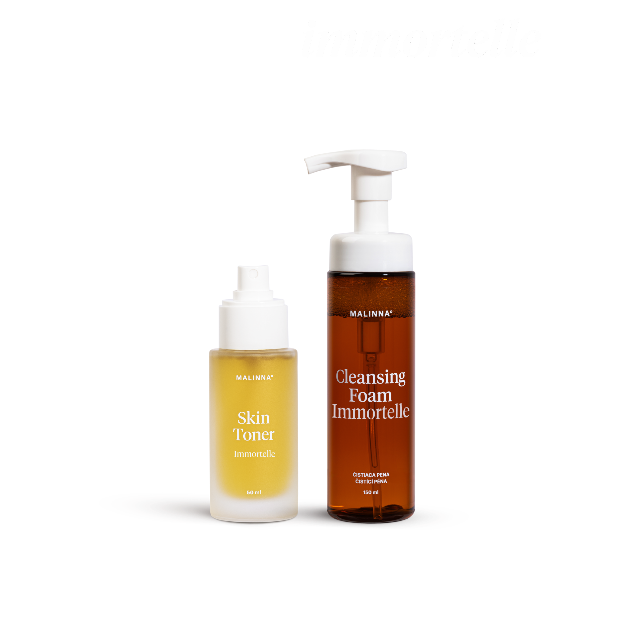 MALINNA Duo Skin Toner Immortelle a Cleansing Foam Immortelle - Limitovaná edícia čistiacej peny a regeneračného toneru s vôňou slamienky