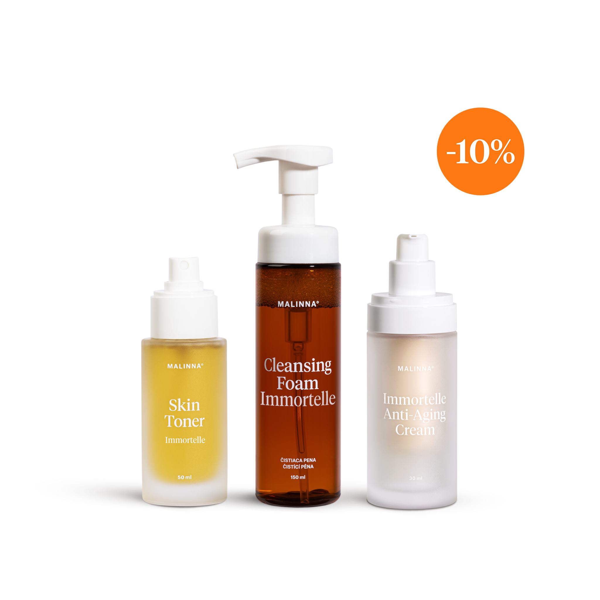MALINNA Trio Skin Toner Immortelle, Cleansing Foam Immortelle a Immortelle Anti-Aging Cream - Limitovaná edícia čistiacej peny,  regeneračného toneru a krému s vôňou slamienky