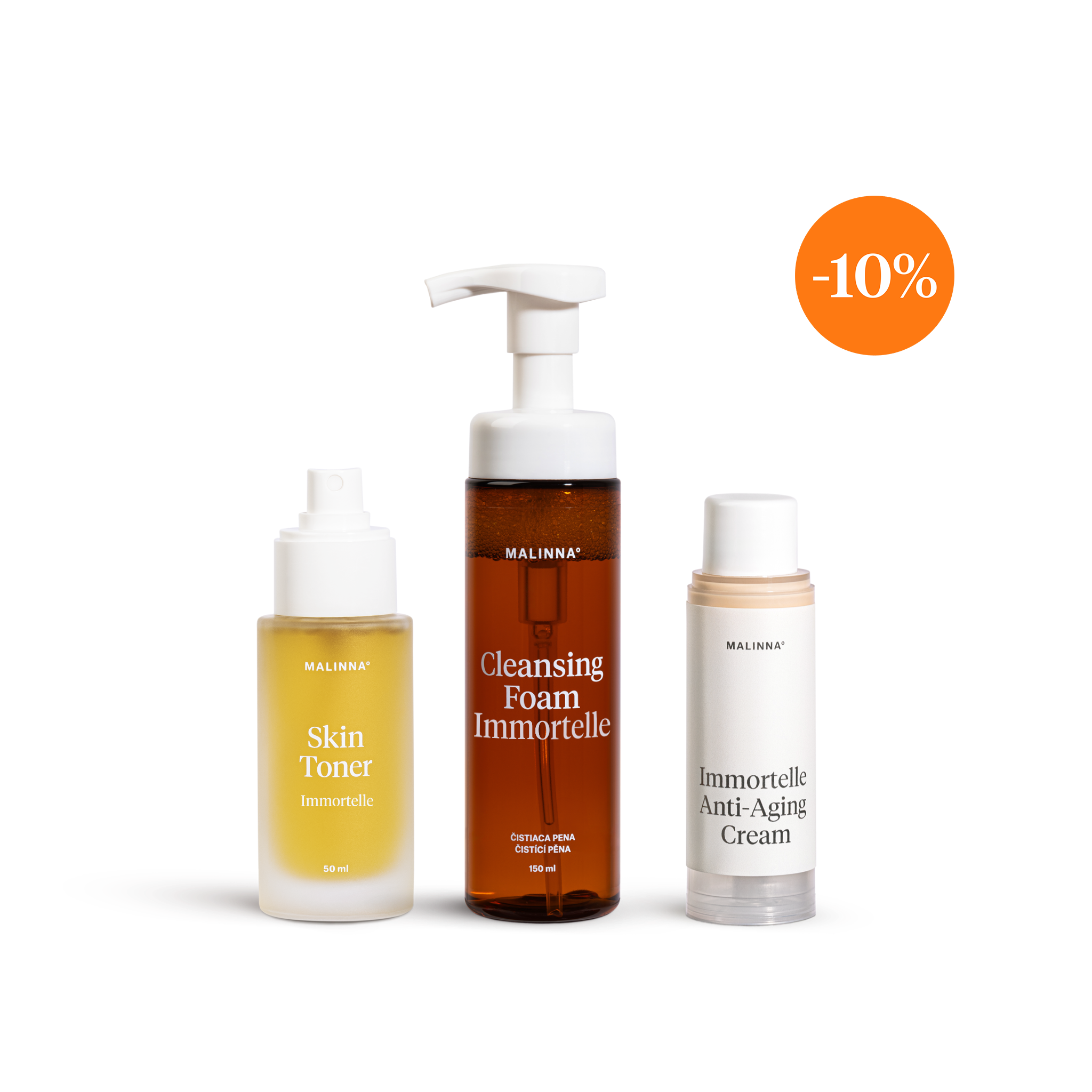 MALINNA Trio Skin Toner Immortelle, Cleansing Foam Immortelle a Immortelle Anti-Aging Cream Refill - Limitovaná edícia čistiacej peny,  regeneračného toneru a náplne do krému s vôňou slamienky
